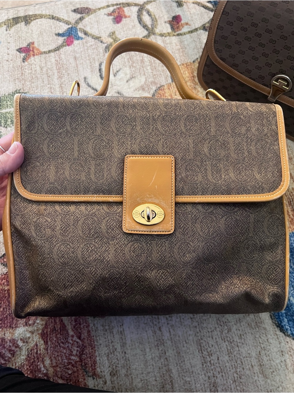 Vintage Gucci Brown Monogram Top Handle Shoulder Bag with Tan Trim
